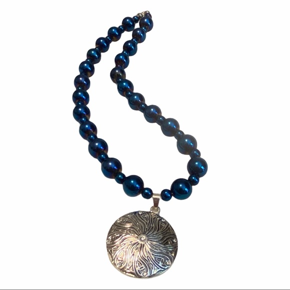 Hand Crafted Iris Blue Necklace Glass Bead Collar Statement - Picture 2 of 4